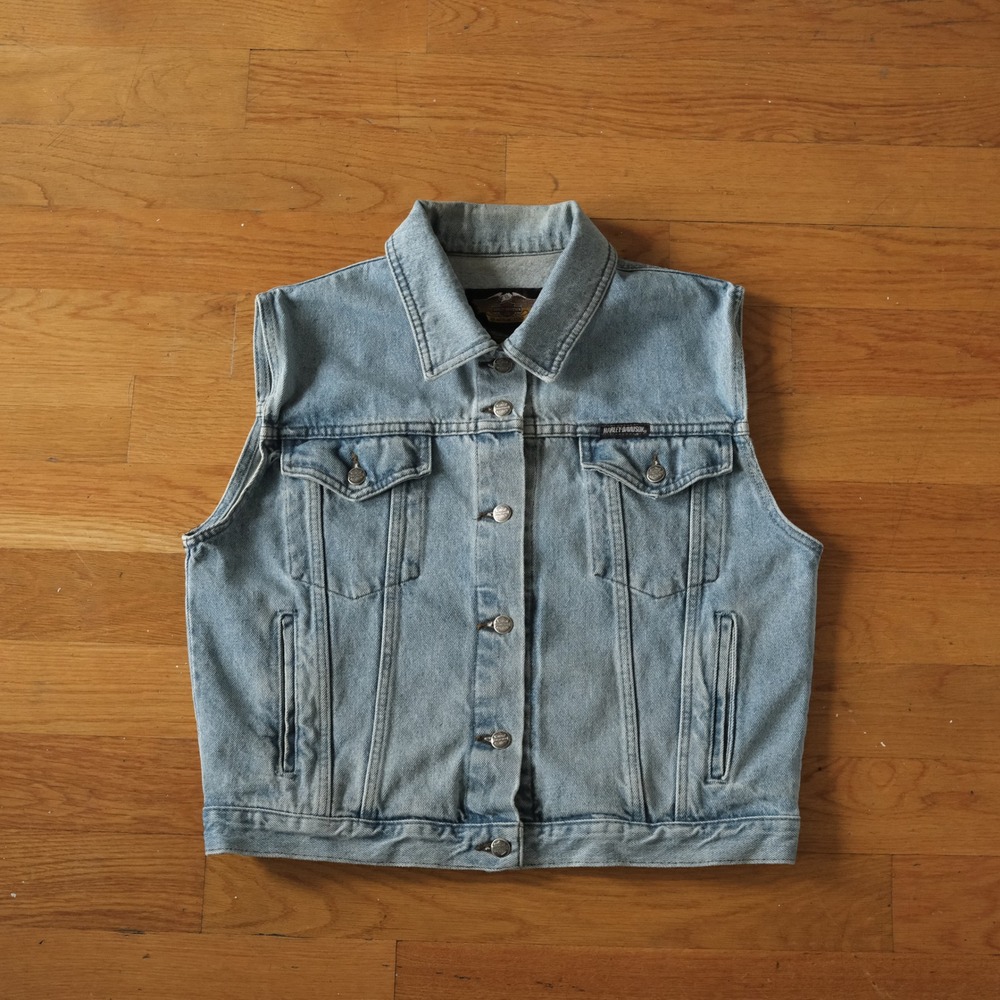 Harley Davidson Denim Vest Women Light Blue Embroidered Logo Biker Large CA03402